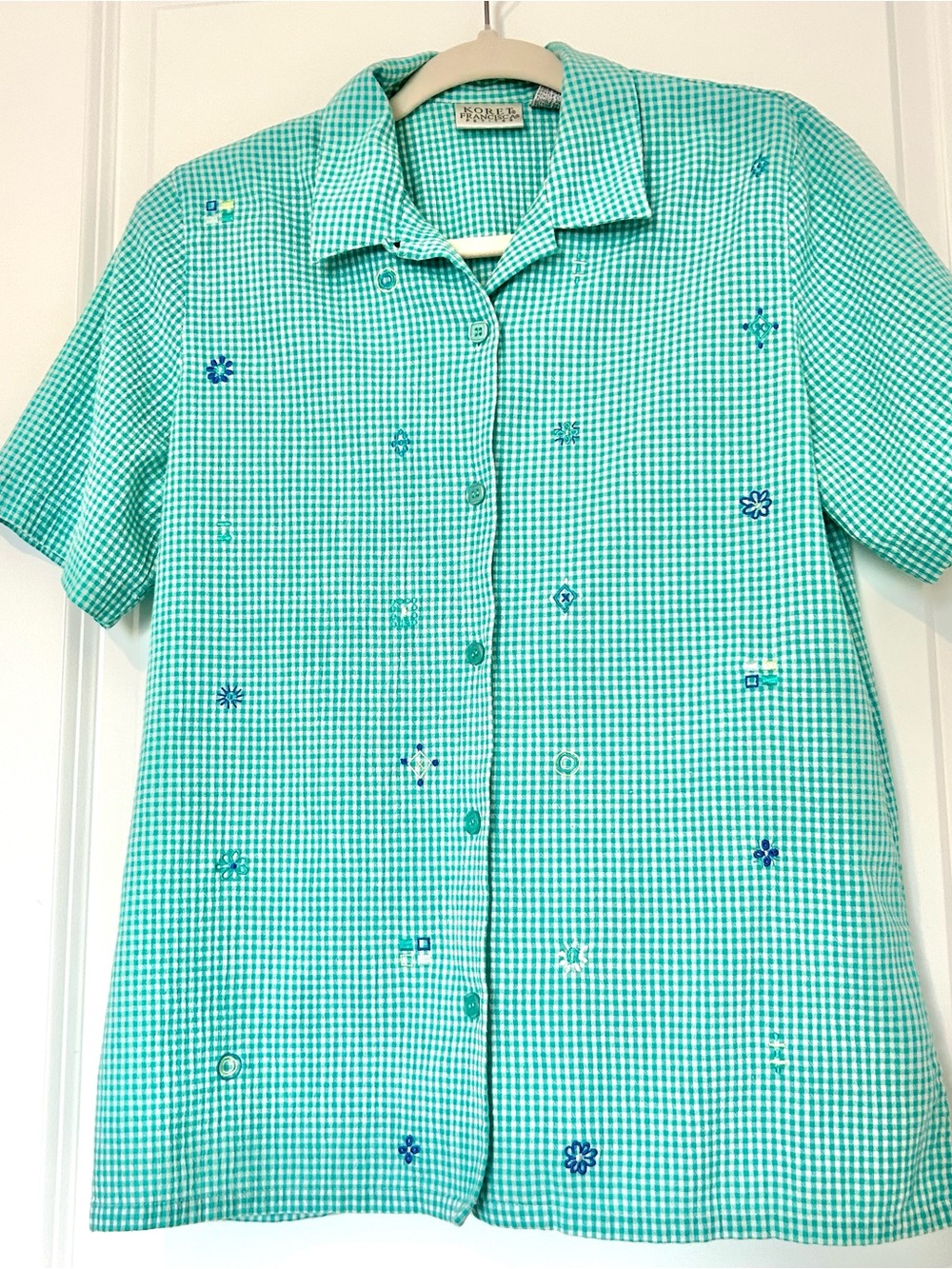 Vtg Koret Top Women Petite S Blue Gingham Floral Embroidered Granny Garden 90s